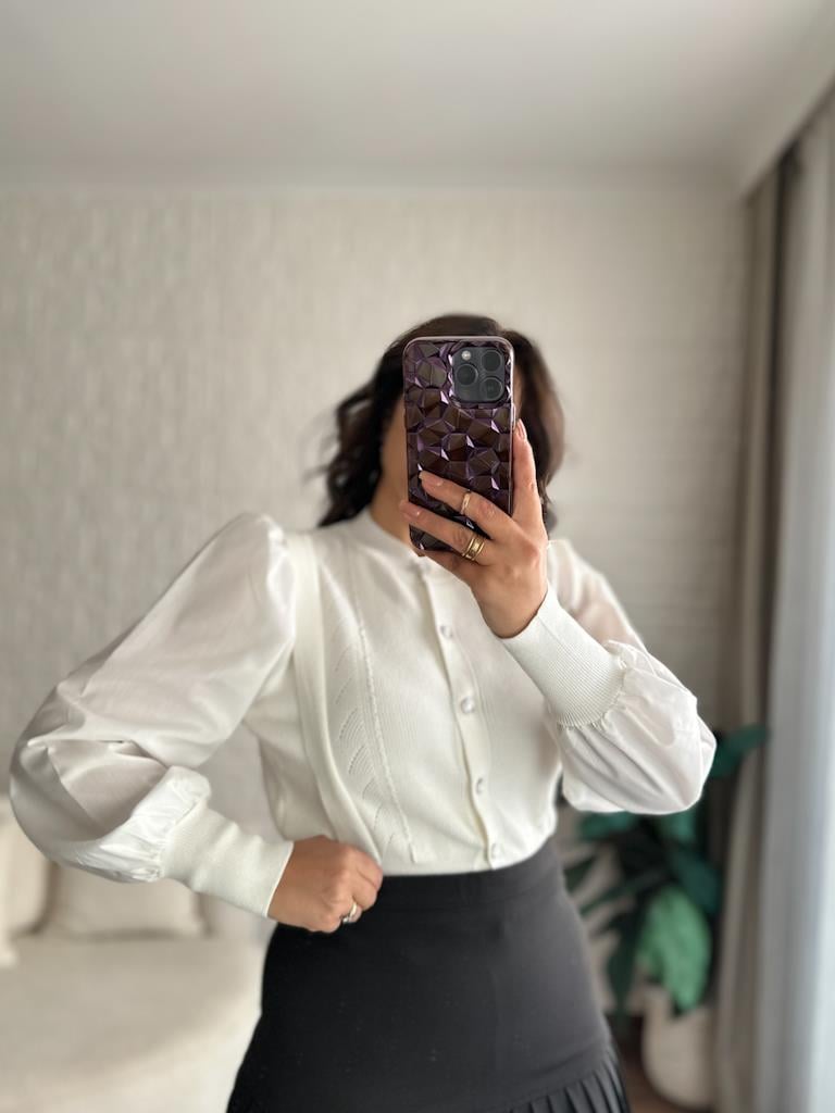 Balon Kol Önü Düğmeli Çelik Örme Bluz Hırka Ekru