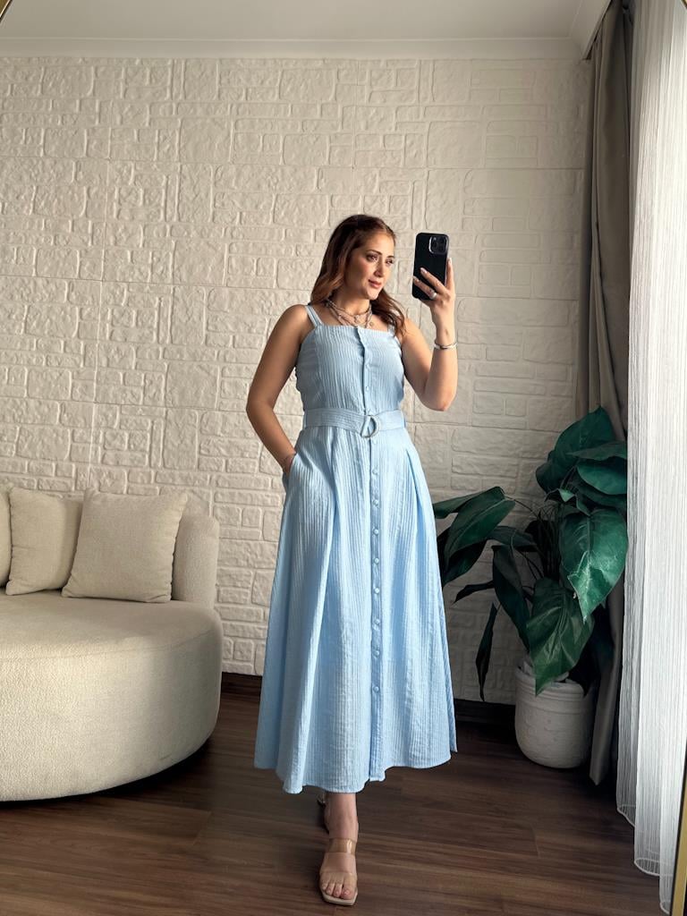 Bebe Mavi  Kalın Askılı Cepli Tril Yazlık Elbise