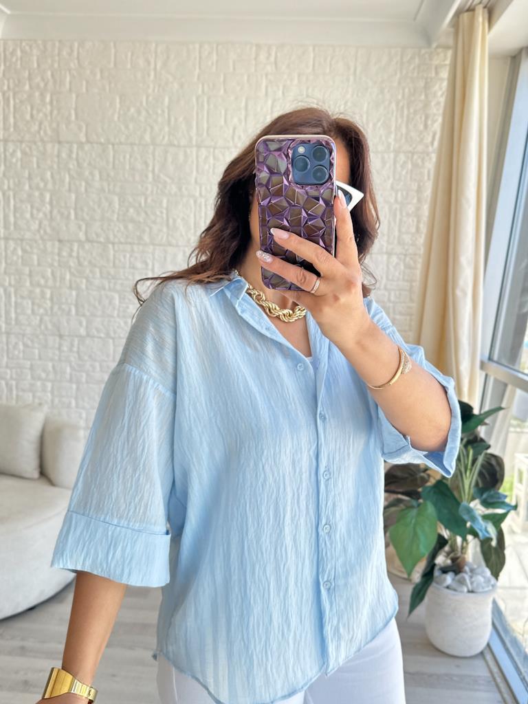 Bebe Mavi Kısa Kol Arka Pens Detay Gömlek