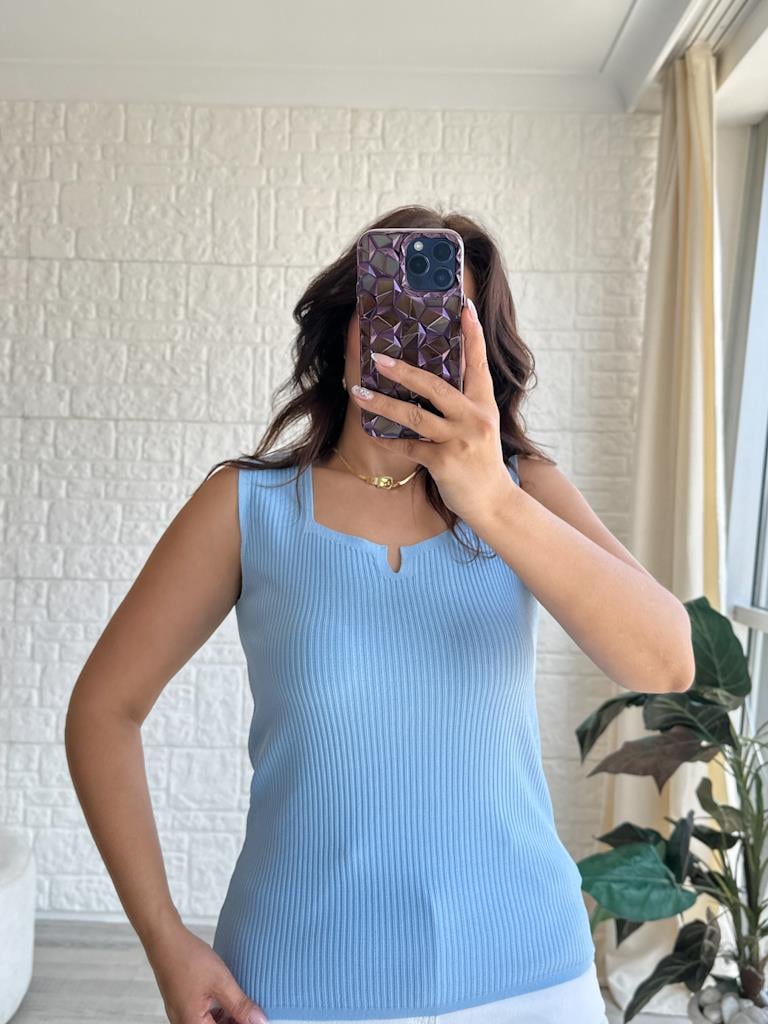 Bebe Mavi V  Yaka Detaylı Fitilli Full Likralı Bluz