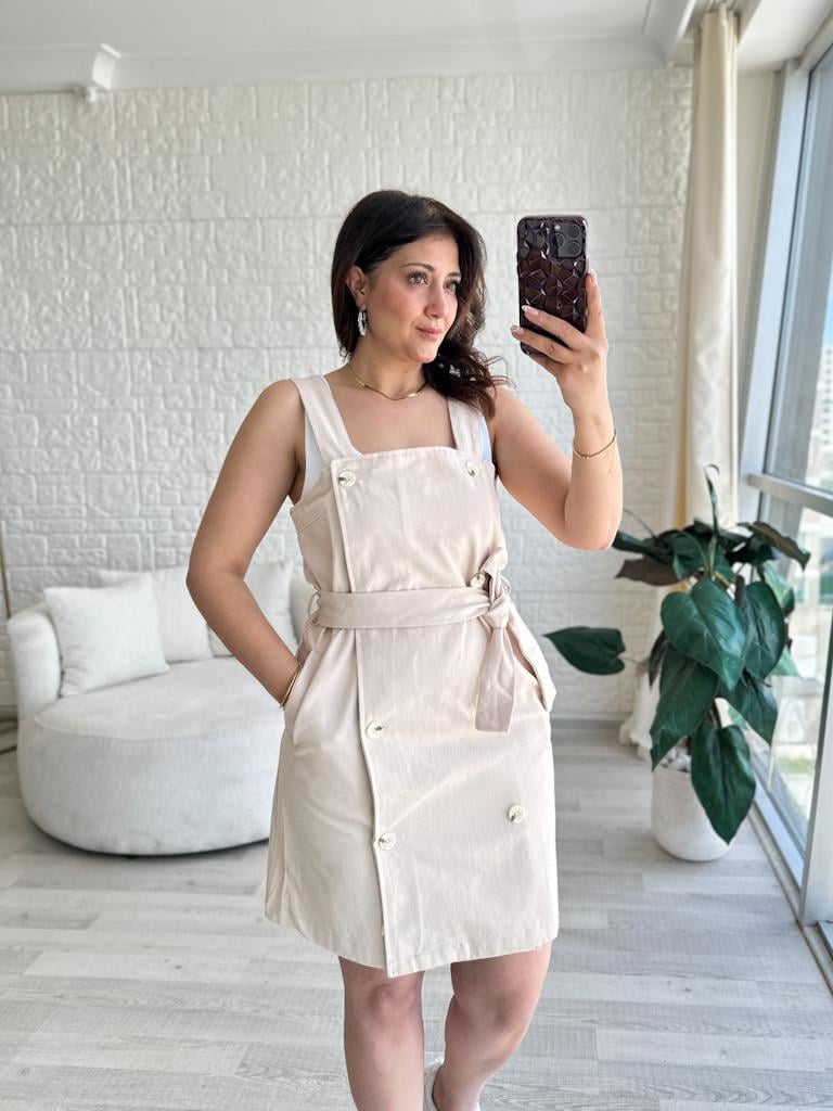 Bej Düğmeli Gabardin Jean Salopet Elbise