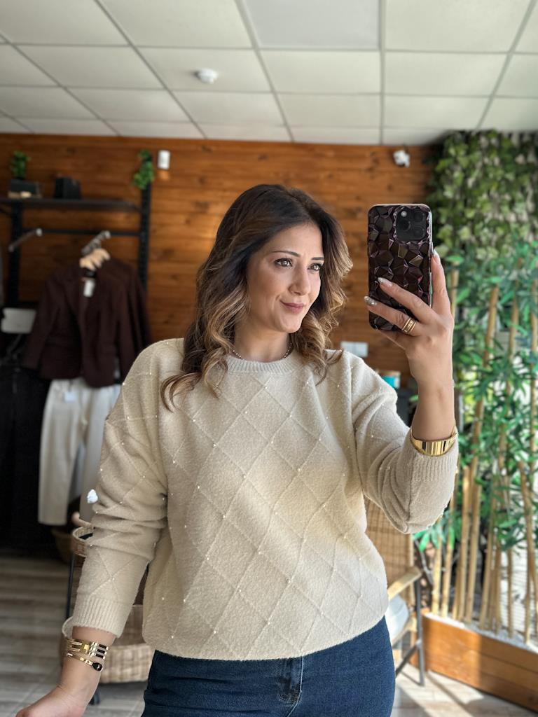 Bej Sıfır Yaka İnci Detay Baklava Desen Yumoş Triko Kazak