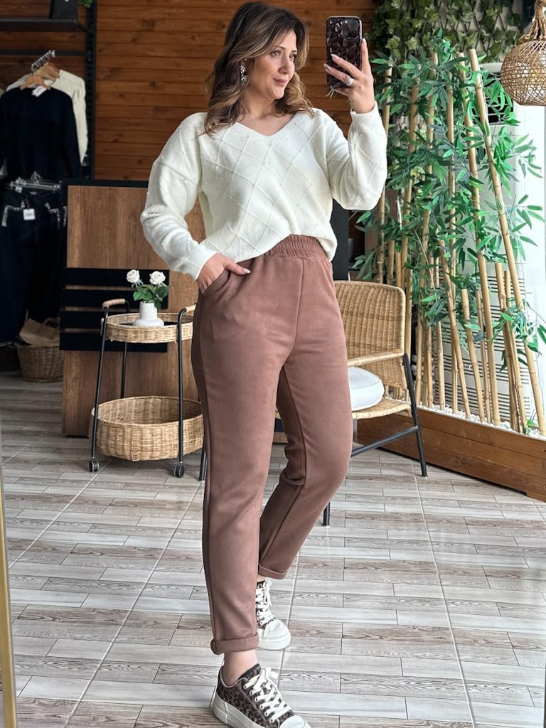 Beli Lastikli Cepli  Duble Paça Nubuk Pantolon Kahverengi