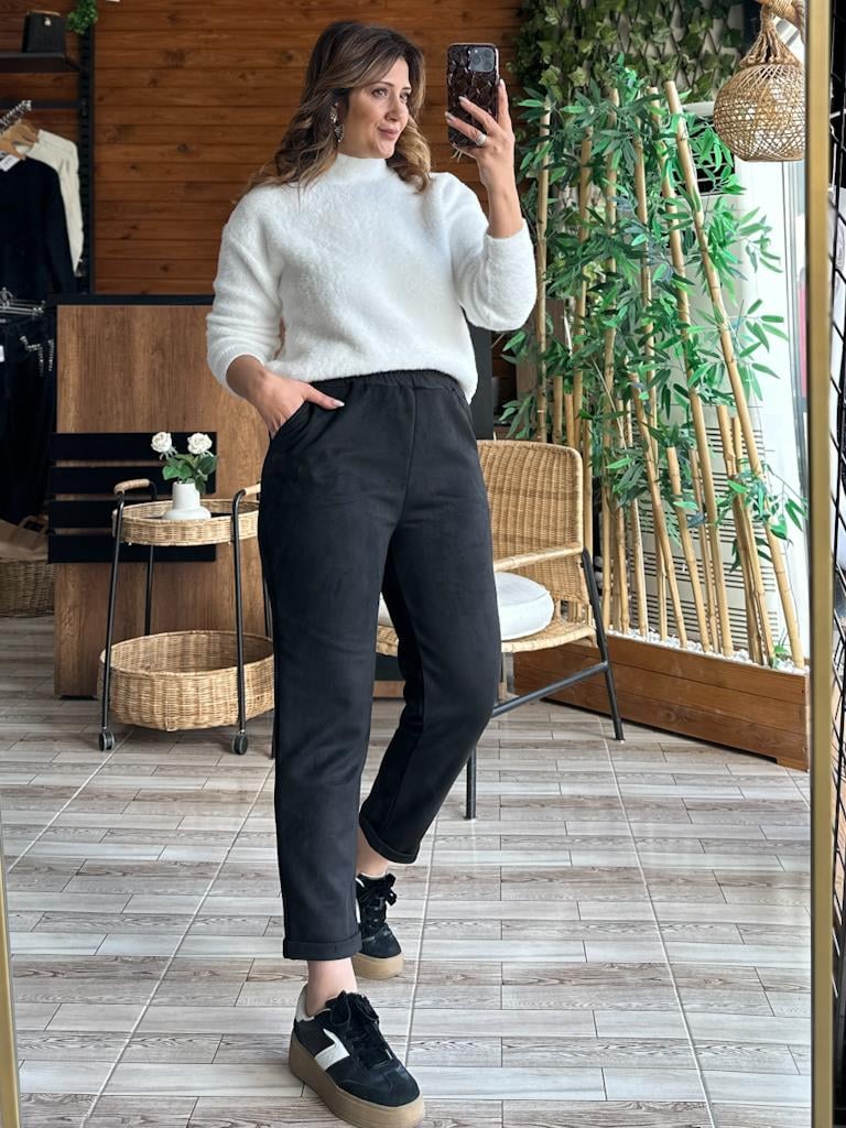 Beli Lastikli Cepli  Duble Paça Nubuk Pantolon Siyah