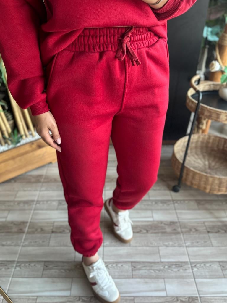 Beli Lastikli Cepli Üç İplik Şardonlu Joger Eşofman Altı Kırmızı