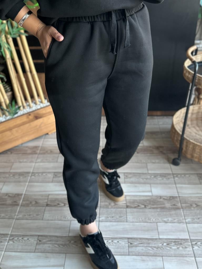 Beli Lastikli Cepli Üç İplik Şardonlu Joger Eşofman Altı Siyah