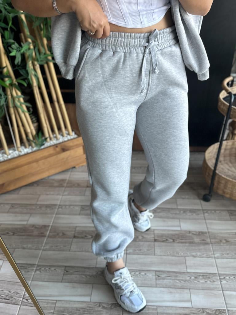 Beli Lastikli Cepli Üç İplik Şardonlu Joger Eşofman Altı Gri