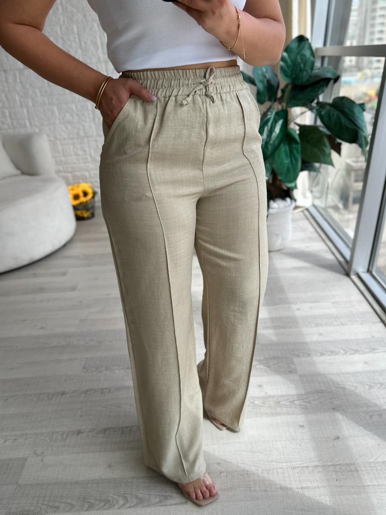 Beli Lastikli Çima Dikişli Keten Pantolon Krem