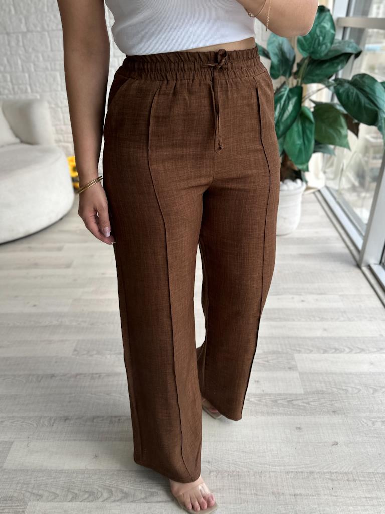 Beli Lastikli Çima Dikişli Keten Pantolon Kahverengi