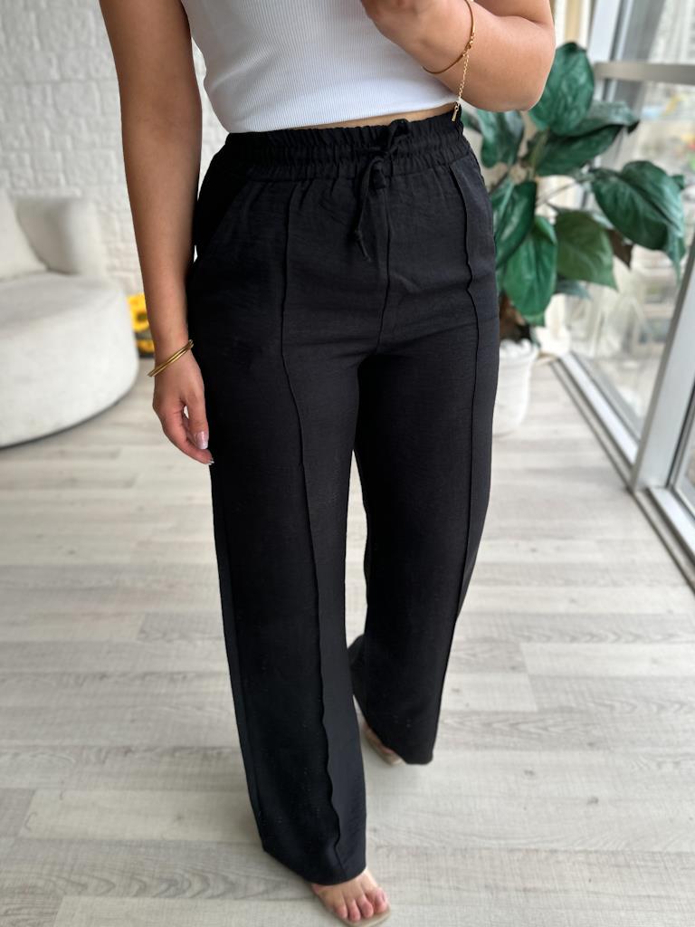 Beli Lastikli Çima Dikişli Keten Pantolon Siyah