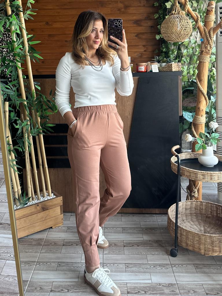 Beli Lastikli Paça Pensli 2 iplik Eşofman Altı Bej