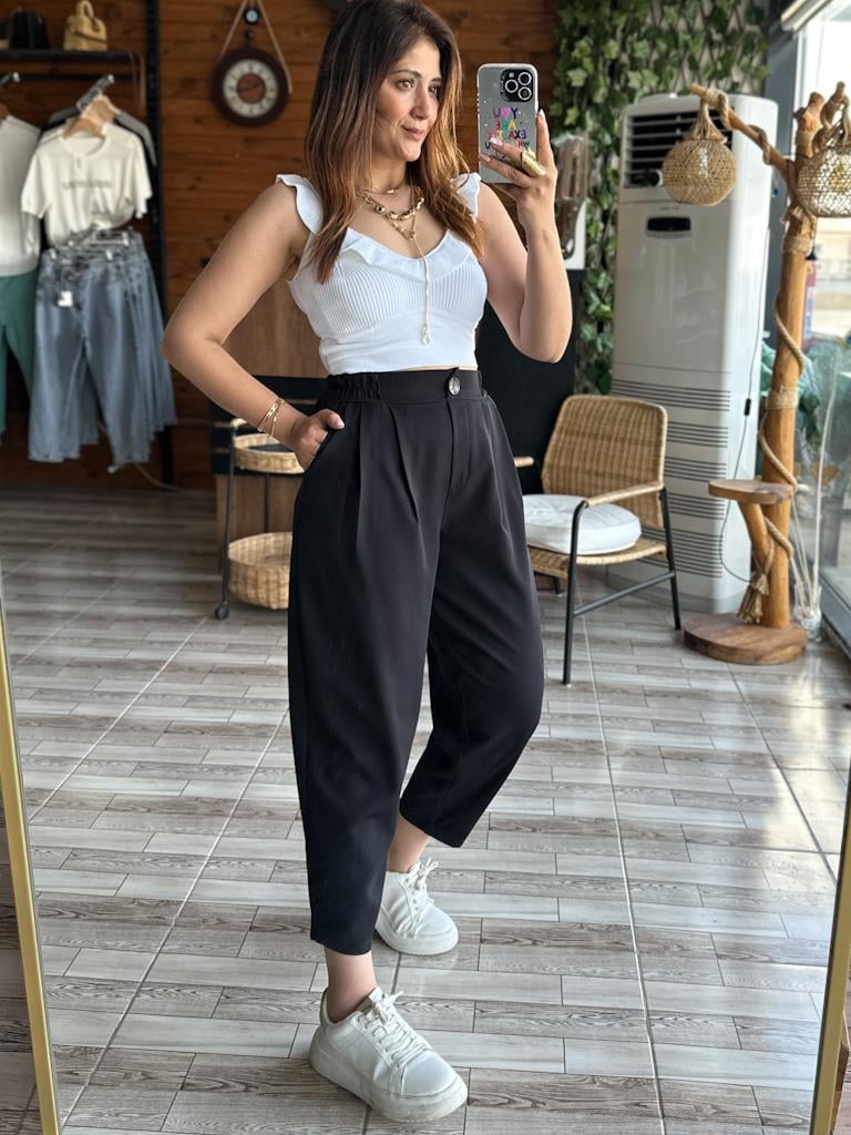 Beli Lastikli Şalvar Model Pantolon Siyah