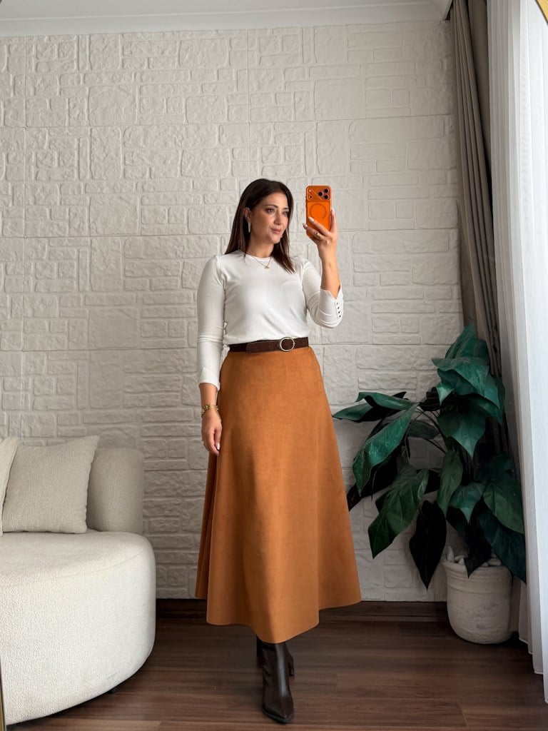 Beli Likralı Maxi Boy Süet Çan Etek Taba