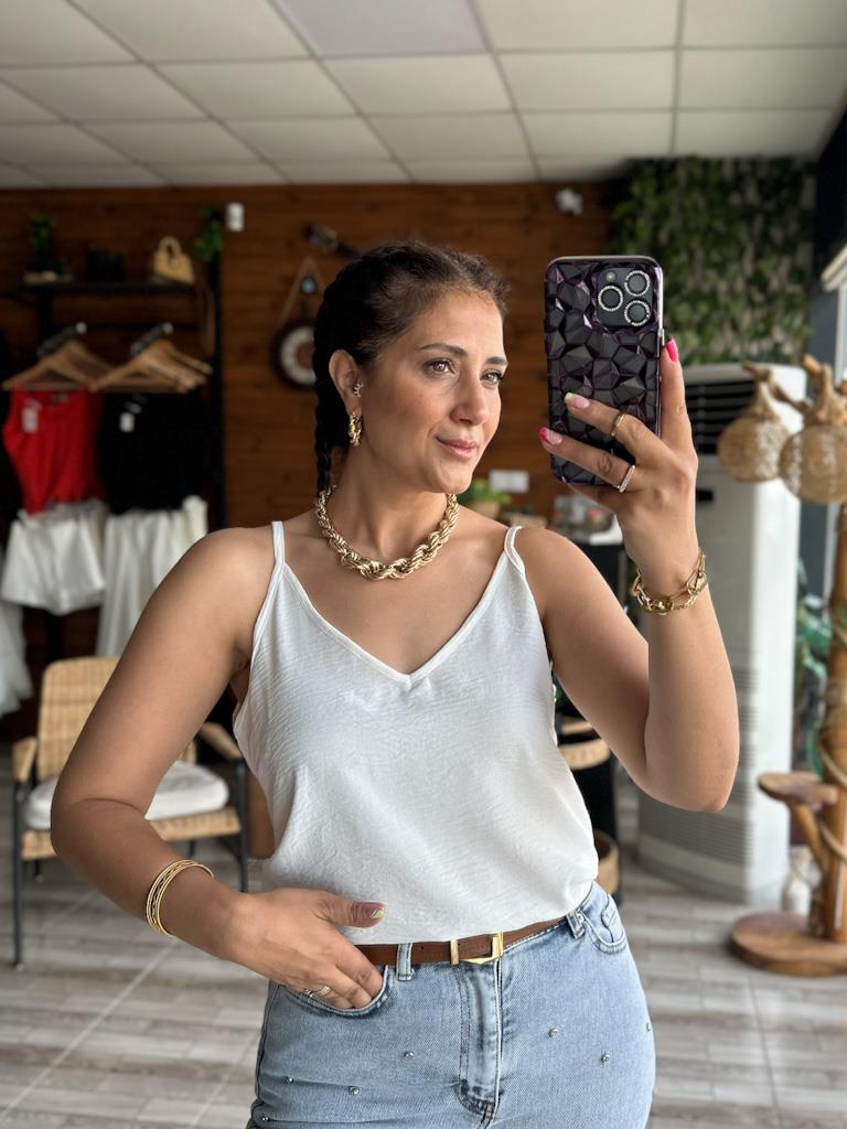 Beyaz İthal Aerobin Kumaş Askılı Bluz