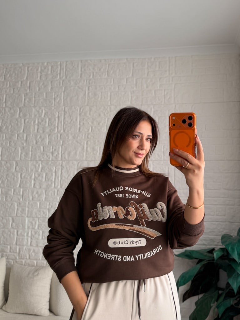 Bisiklet Yaka California Panç İşleme İki İplik Pamuk Sweat Kahverengi