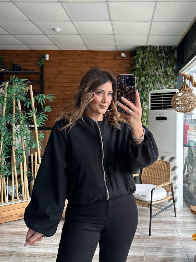 Bisiklet Yaka Fermuarlı Kol ve Bel Kısmı Lastikli Bomber Ceket Siyah