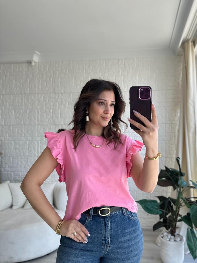 Bisiklet Yaka Kol Fırfır Detaylı Basic Tişört Pembe