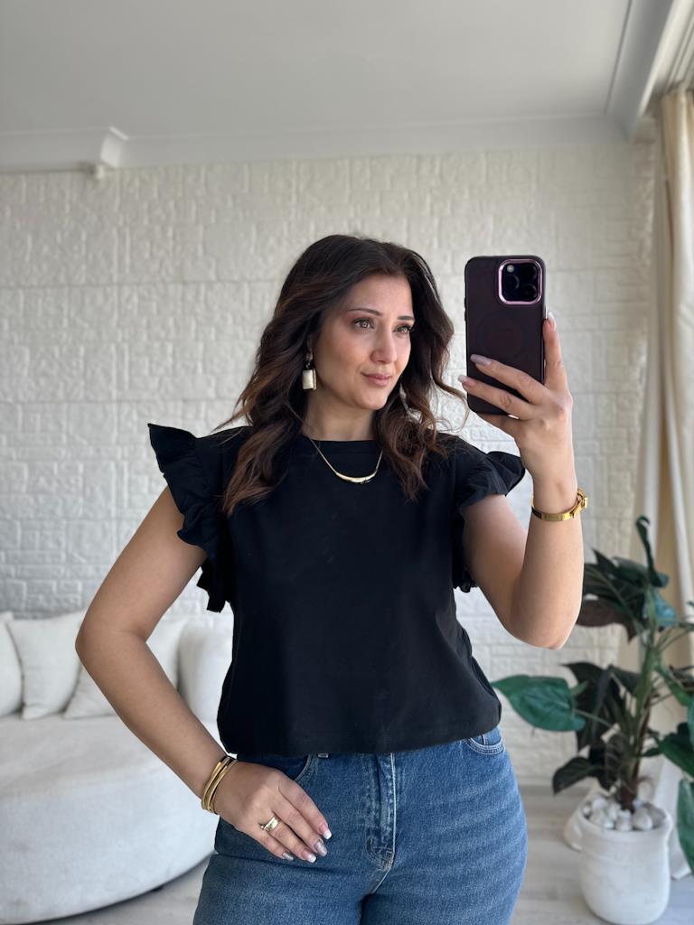 Bisiklet Yaka Kol Fırfır Detaylı Basic Tişört Siyah