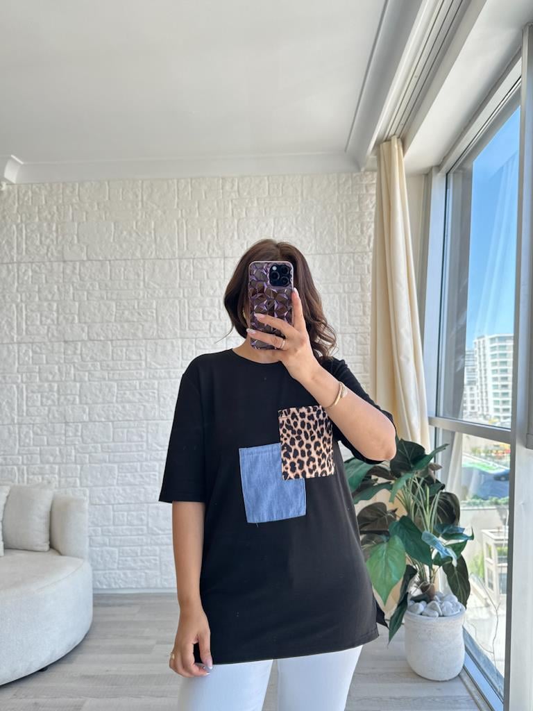 Bisiklet Yaka Leopar Jean Cep Detaylı Tişört