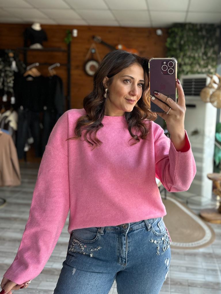 Bisiklet Yaka Orjinal Marka Oversize Sweat Pembe