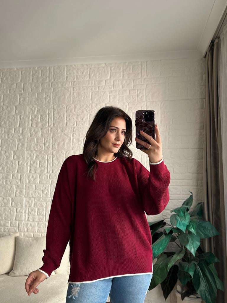 Bisiklet Yaka Oversize Triko Kazak Bordo