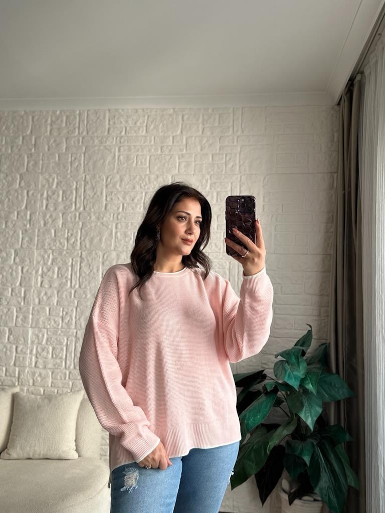 Bisiklet Yaka Oversize Triko Kazak Pembe