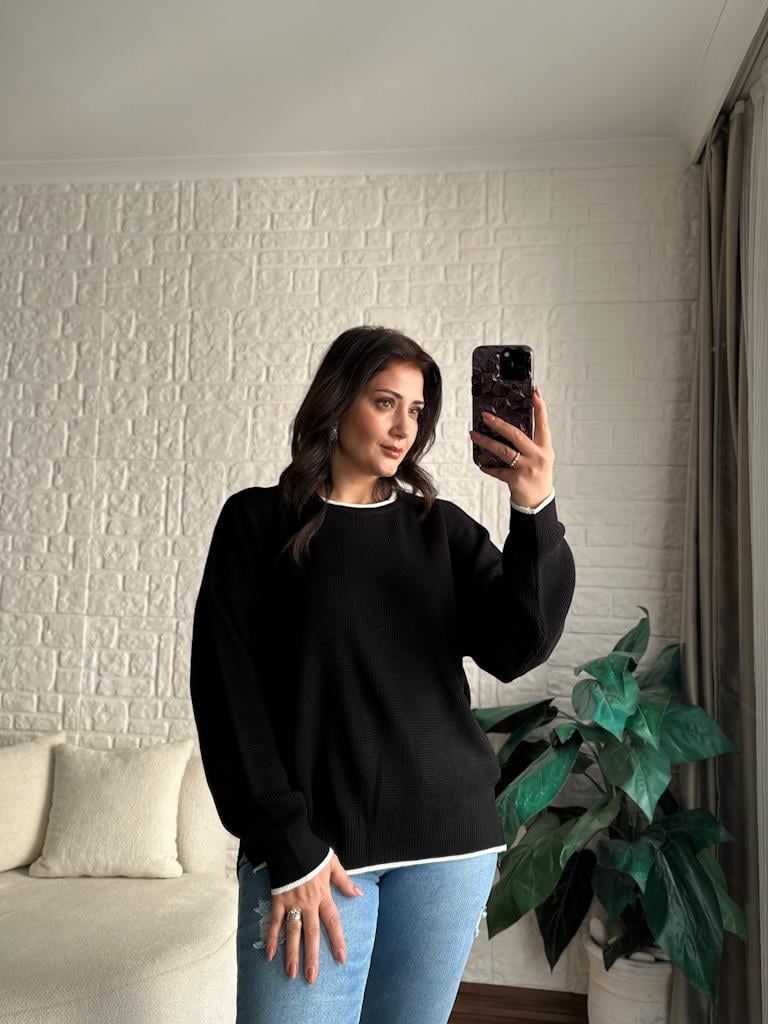 Bisiklet Yaka Oversize Triko Kazak Siyah