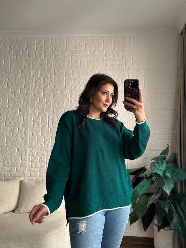 Bisiklet Yaka Oversize Triko Kazak Zümrüt Yeşil