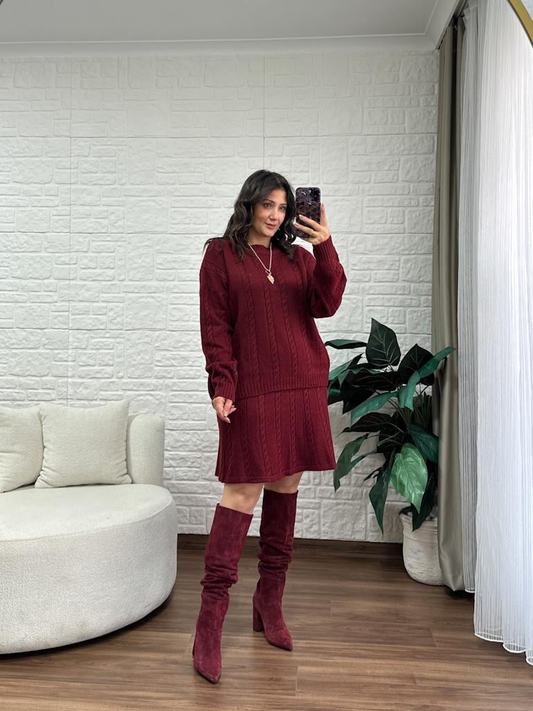 Bisiklet Yaka Saç Örgü Triko Takım Bordo