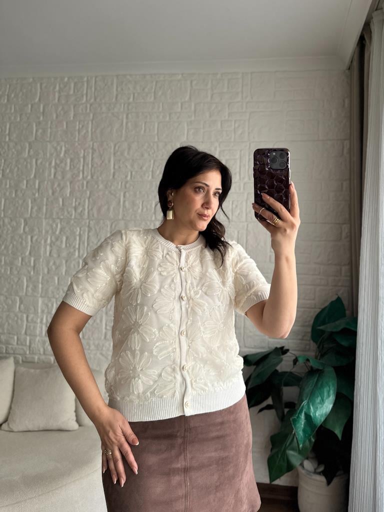 Bisiklet Yaka Tül Çiçek İşleme Detaylı Kısa Kol Bluz Taş