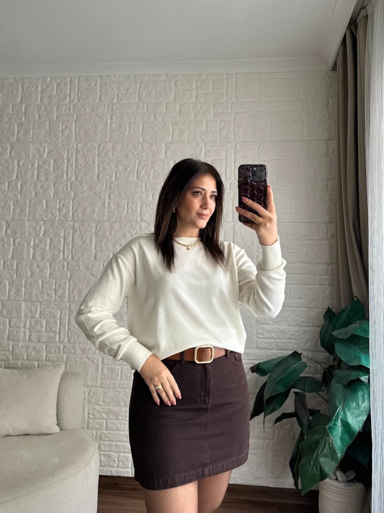 Bisiklet Yaka Yünlü Basic Triko Kazak Ekru