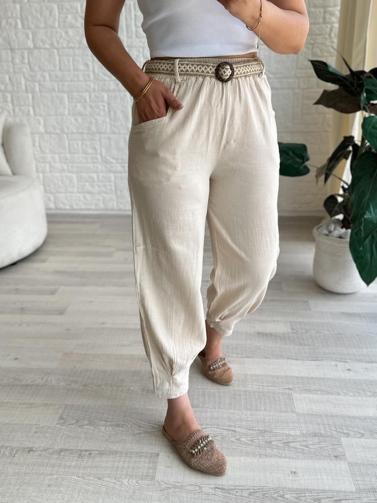Bohem Otantik Paça Pensli Kemerli Ham Keten Pantolon Krem