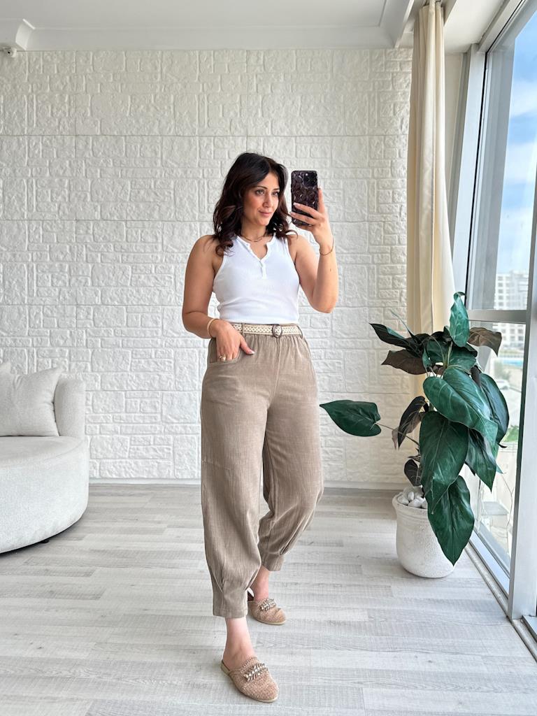 Bohem Otantik Paça Pensli Kemerli Ham Keten Pantolon Kahverengi