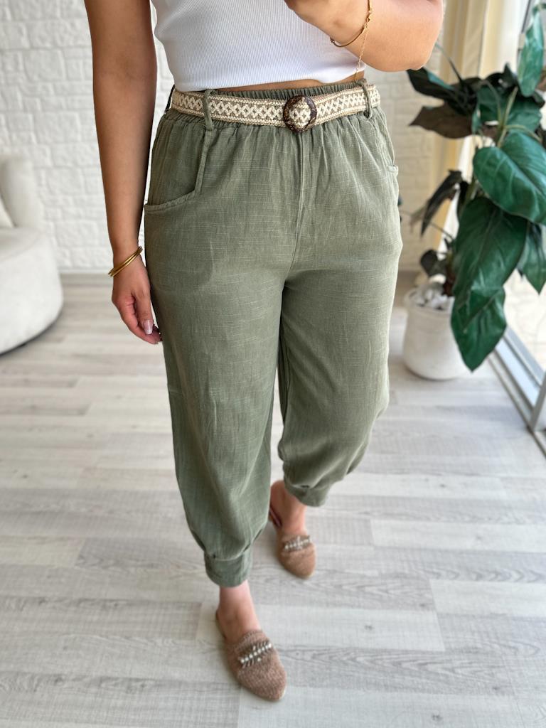 Bohem Otantik Paça Pensli Kemerli Ham Keten Pantolon Haki Yeşil