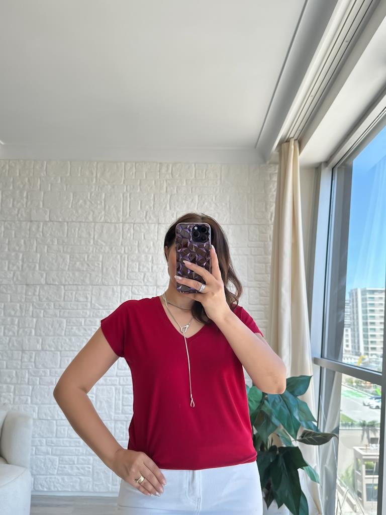 Bordo  Arka Ön V Yaka Modal Penye Tişört