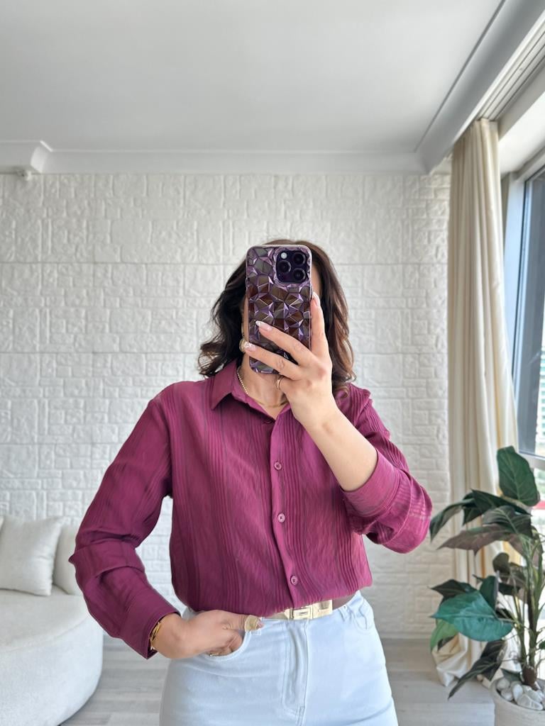 Bordo Jakar Çizgi Desenli Gömlek