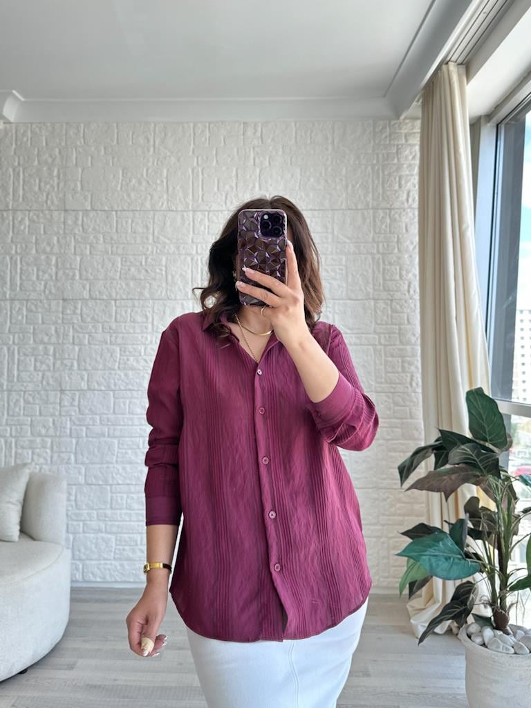 Bordo Jakar Çizgi Desenli Gömlek