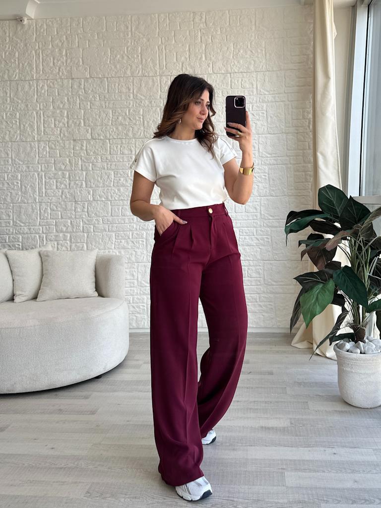 Bordo Karol Arka Bel Lastikli Gold Düğme Detay Palazzo