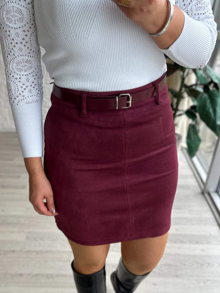 Bordo Kemerli Nubuk Süet Etek