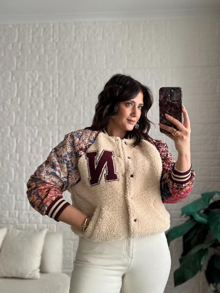 Bordo Kolları Desenli Nakışlı Peluş Bomber Ceket
