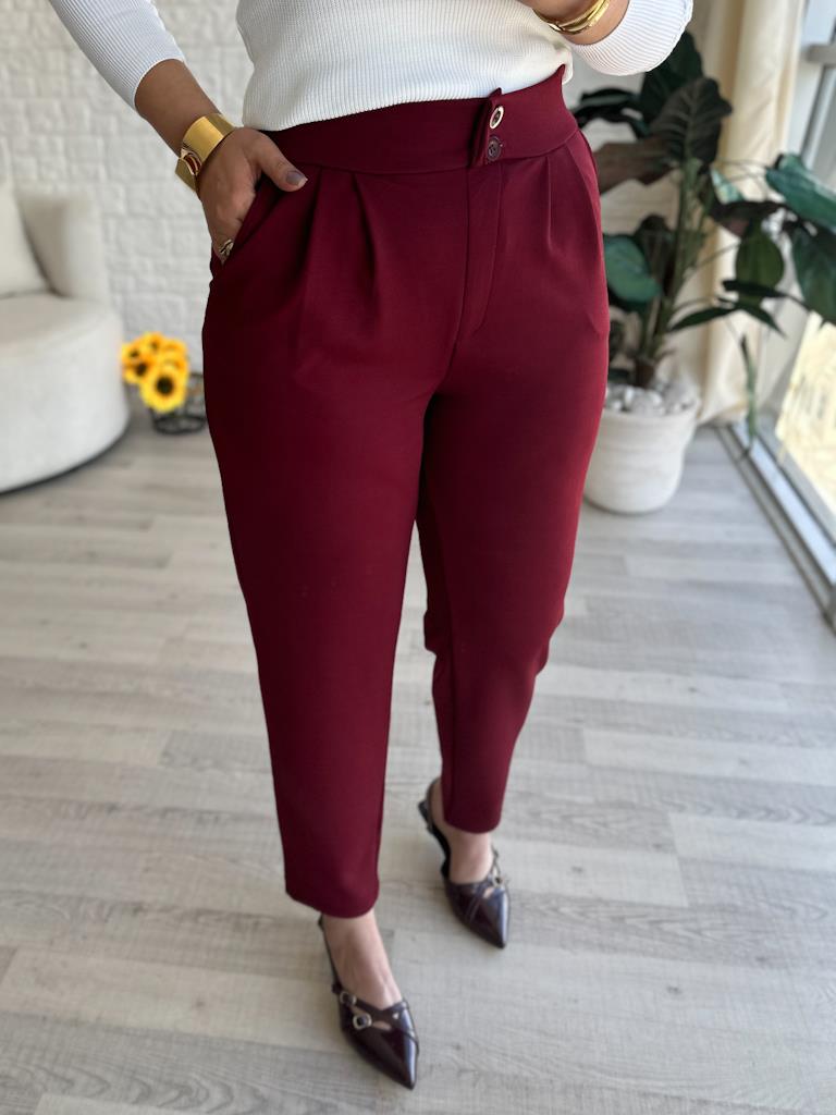 Bordo Krep Kumaş Beli Lastikli Likralı Havuç Pantolon