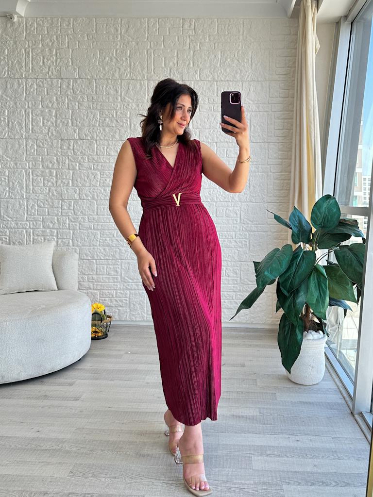 Bordo Kruvaze Yaka V Tokalı Elbise