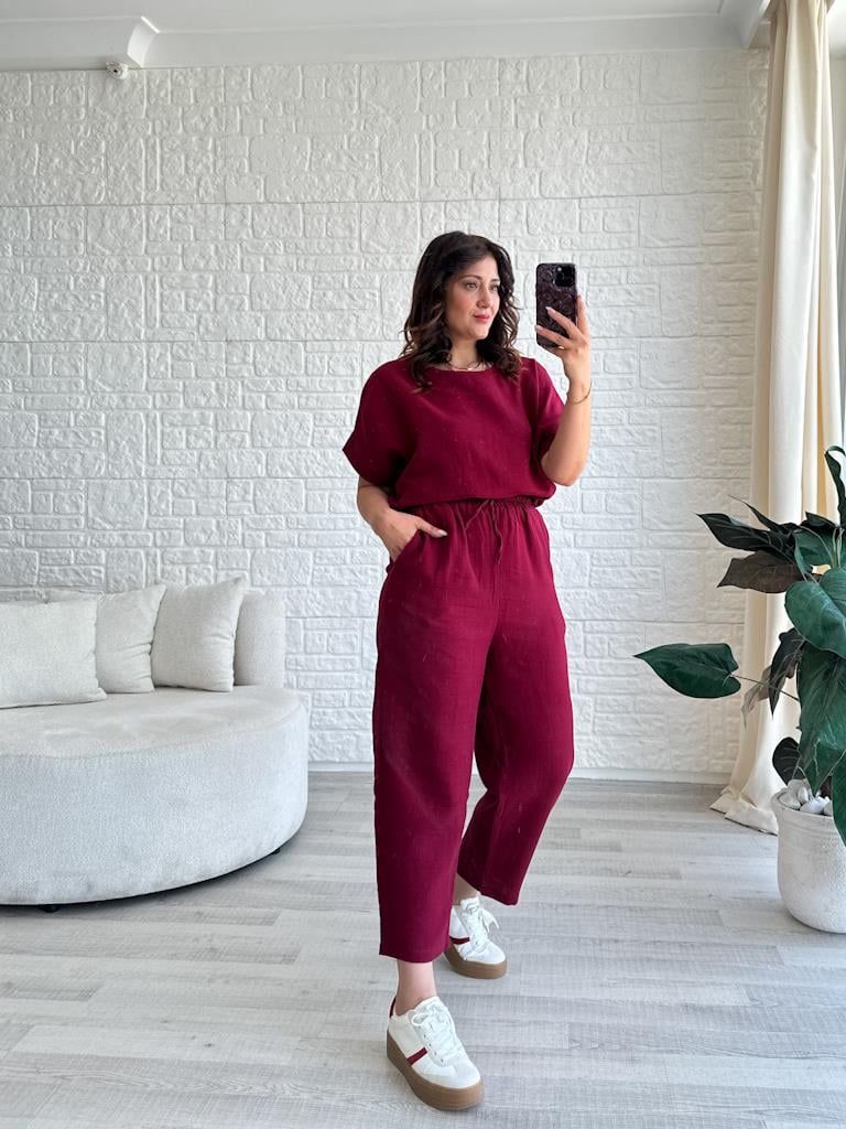 Bordo Müslin Kumaş Bluz Pantolon Takım