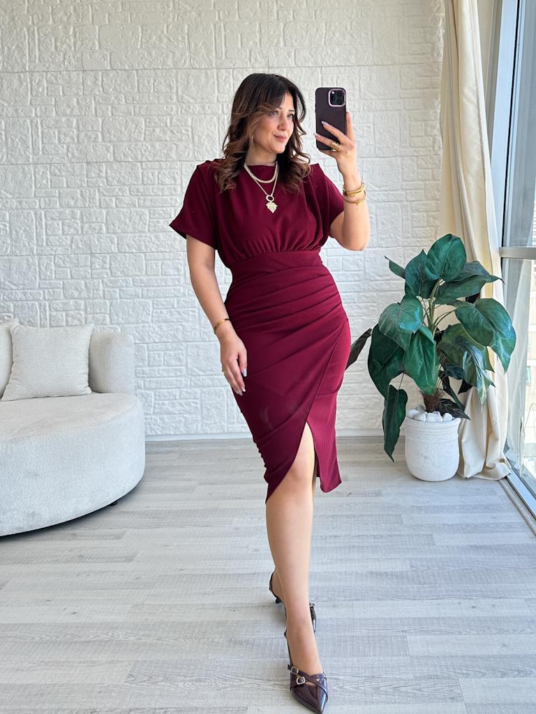 Bordo Omuz Drapeli Likralı Elbise