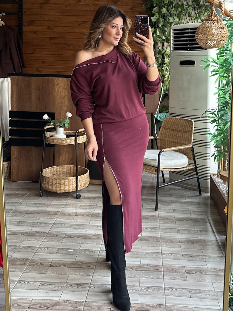 Bordo Omuz ve Etek  Fermuar Detaylı Takım