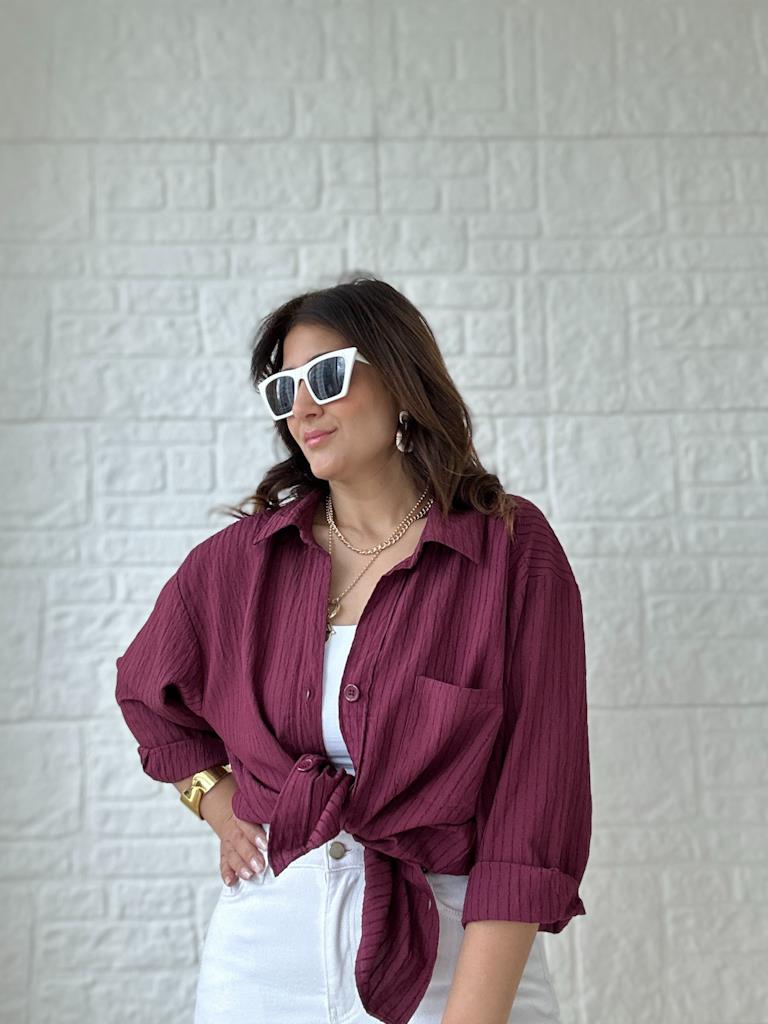Bordo  Panç Çizgili Oversize Gömlek