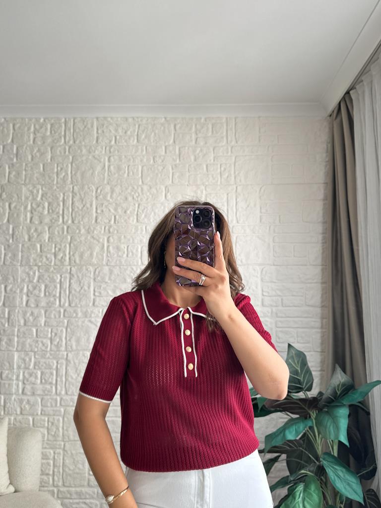 Bordo Polo Yaka Önü Düğmeli Ajur Model Triko Bluz