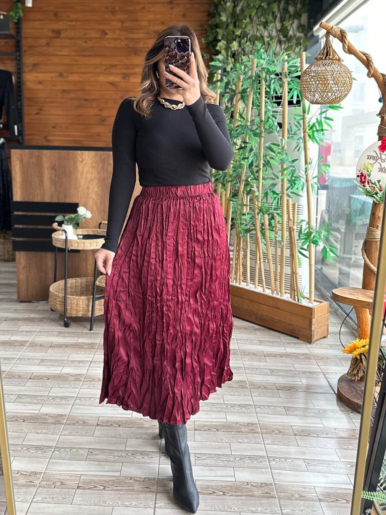 Bordo Saten Kumaş Lüks Kalite Midi Boy Etek