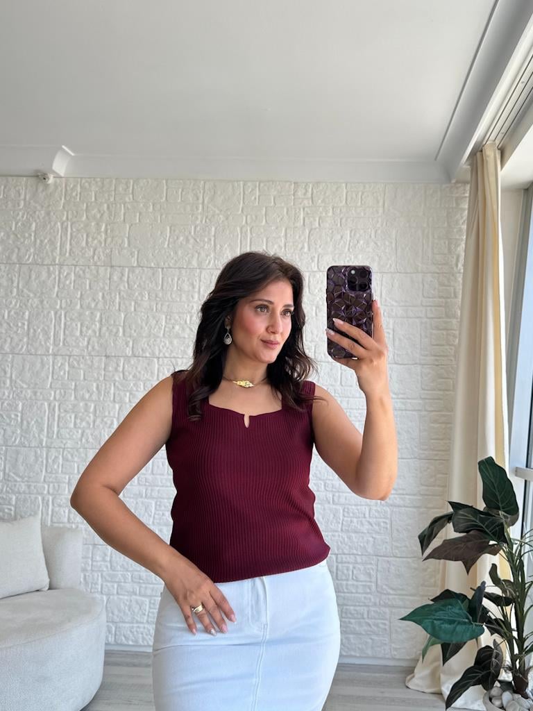 Bordo V Yaka Detaylı Fitilli Full Likralı Bluz