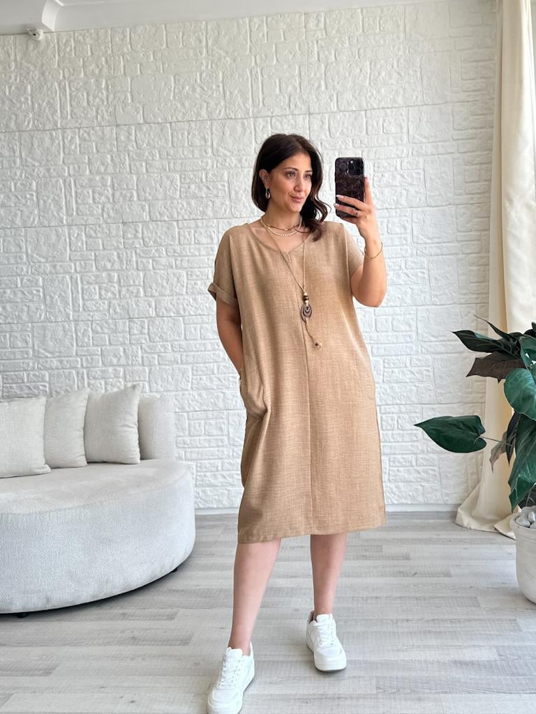 Büyük Beden Camel  Kolyeli Keten Elbise
